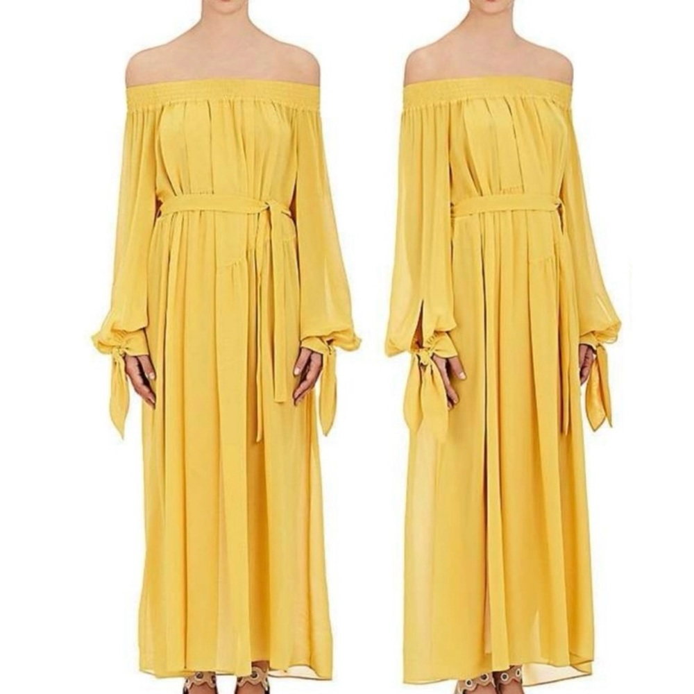 Derek Lam Yellow Silk Georgette Off The Shoulder Belted Dress Size 4
